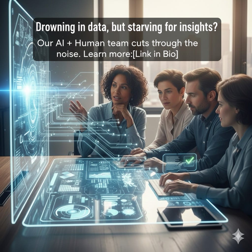 Diverse team collaborating with AI digital interfaces in modern workspace – Vendasta AI Workforce distributor badge