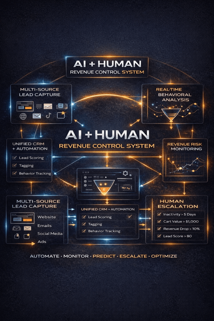Integrated AI and human system combining automation, behavioral tracking, lead capture, and revenue recovery workflows