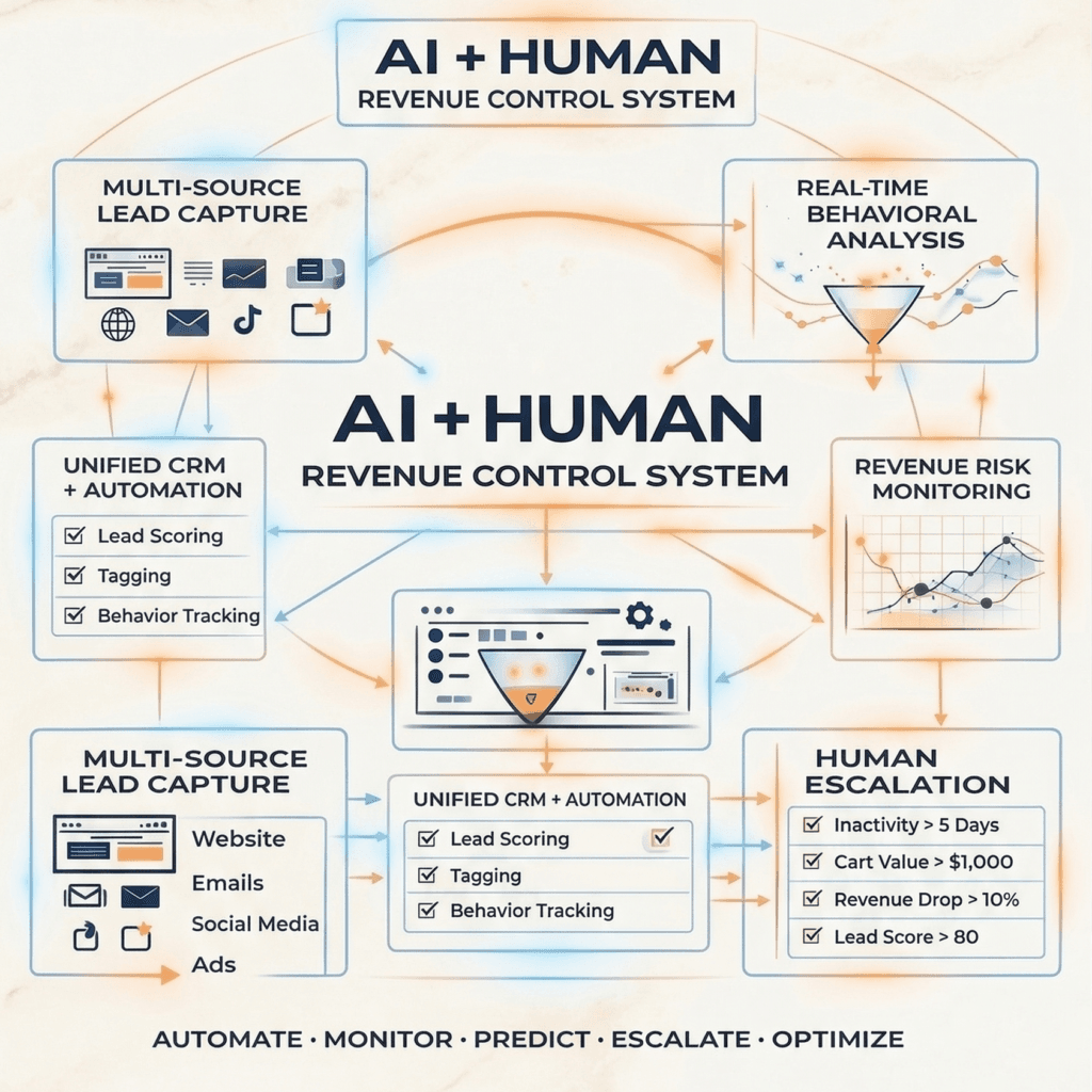 A custom sales pipeline funnel diagram with automated triggers escalating to human support at key stages or issues