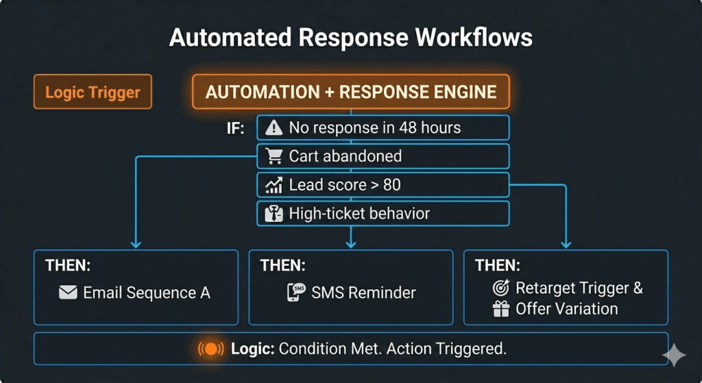 Automated response workflow showing email sequence triggers, SMS reminders, and retargeting based on customer behavior