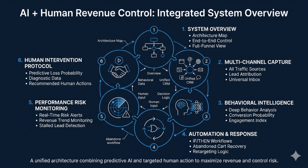 AI + Human revenue control system showing integrated funnel, automation, CRM, and behavioral intelligence for business growth