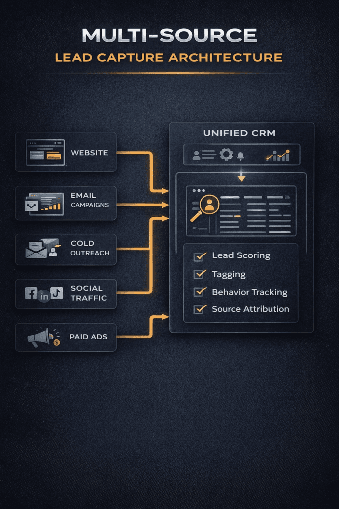 Lead capture system showing website, email campaigns, cold outreach, social traffic, and ads feeding into a unified CRM