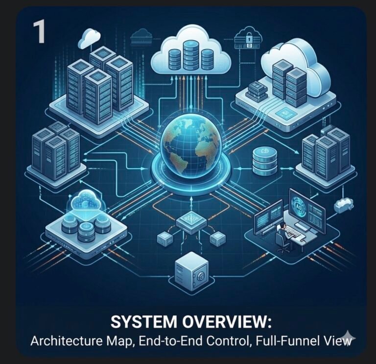 System Overview diagram showing a global digital architecture map, cloud networks, servers, and full-funnel end-to-end control.